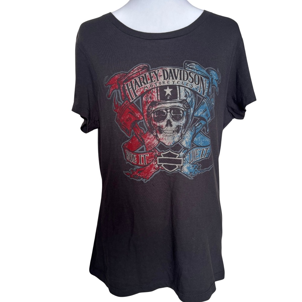 Harley-Davidson Greenville SC Graphic Tee Skull Biker Shirt Gray Women L Exc